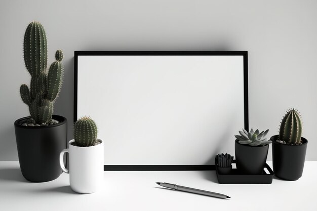Photo maquette de bureau vide cactus note noire sur le mur et l'approvisionnement peut l'école à la maison ou le bureau à domicile cool