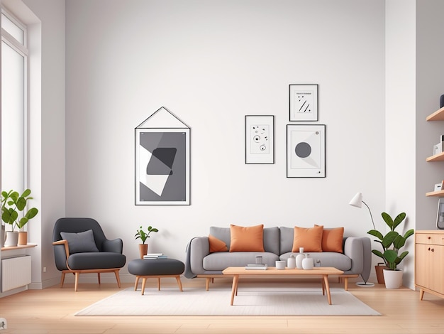 Maquette de cadre d'affiche dans un salon moderne minimaliste, arrière-plan intérieur de style scandinave, rendu 3D