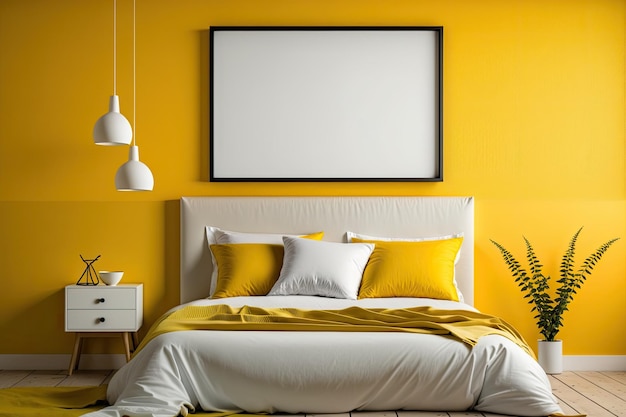 Photo maquette de cadre d'affiche horizontale sur le mur de la chambre jaune