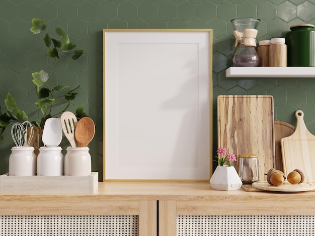 Maquette de cadre d'affiche à l'intérieur de la cuisine sur fond de mur de couleur verte vide rendu 3d