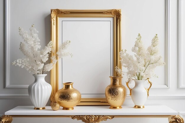 Maquette de cadre blanc avec des vases blancs et dorés