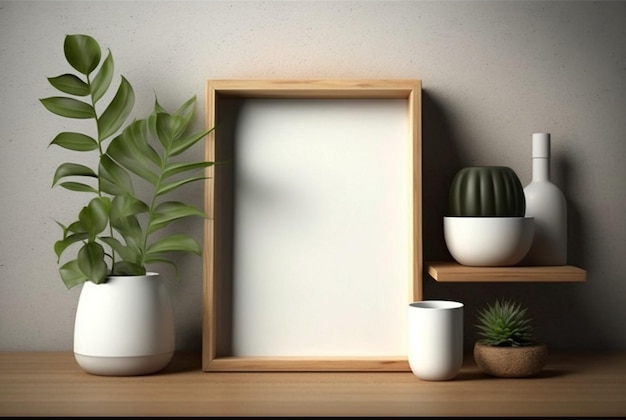 Maquette de cadre en bois avec plante dans un vase sur fond de mur Ai générative