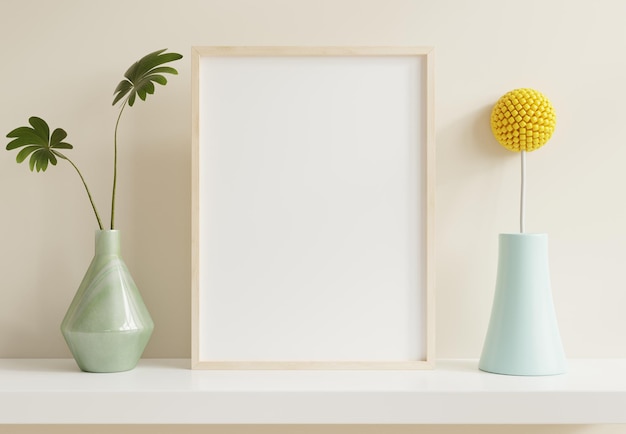 Maquette de cadre en bois vertical avec des plantes vertes sur fond de mur blanc rendu 3D