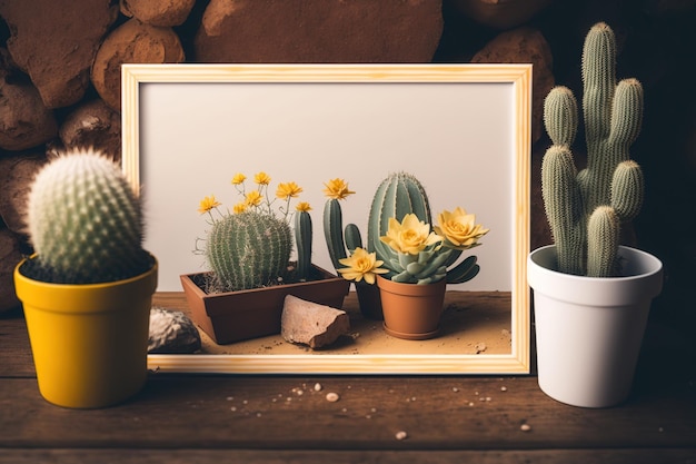 Photo maquette d'un cadre en bois vierge avec un cactus un panier de fleurs de camomille et un mur de papier brun dans un ton vintage