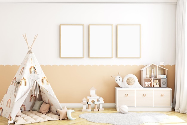 Maquette de cadre d'une chambre d'enfant avec une tente tipi et une commode blanche