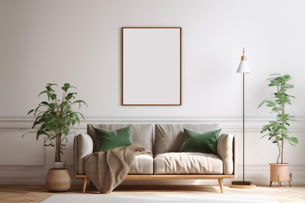 Photo maquette d'un cadre dans un intérieur scandinave avec un canapé, des plantes et des murs blancs