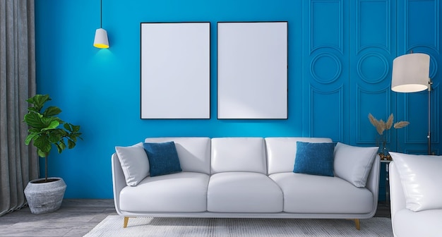 Maquette de cadre à deux affiches dans la scène de design d'intérieur de salon moderne avec fond de mur bleu canapé