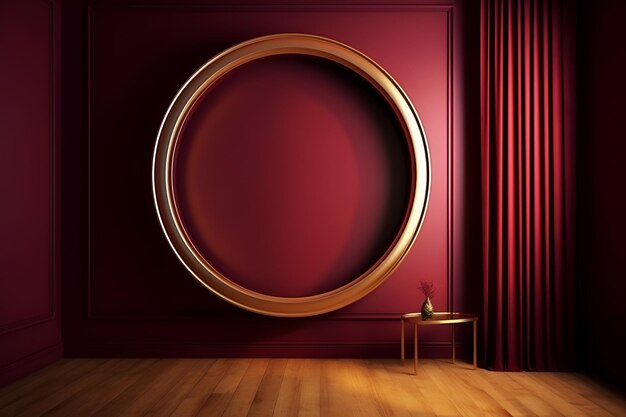 Maquette cadre doré rond avec centre vide à l'intérieur dans un modèle de pâte de copie intérieure minimaliste rouge