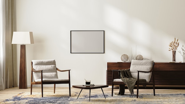 Photo maquette de cadre horizontal dans un intérieur de salon moderne et lumineux aux couleurs neutres avec fauteuils, lampadaire, tapis et table basse, commode avec décoration intérieure, rendu 3d