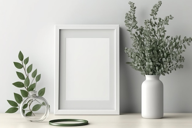Maquette de cadre photo blanc en orientation portrait sur une table en bois dur branches vertes dans un vase en verre contemporain mur blanc en toile de fond décor de style scandinave Vie verte
