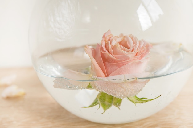 Maquette de cadre photo blanc portrait sur table en bois vase en céramique moderne avec des roses fond de mur blanc intérieur scandinave