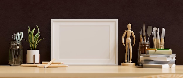 Maquette de cadre photo sur une table avec des décorations pour la maison sur un mur brun foncé rendu 3d