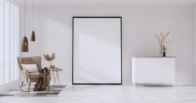 Maquette de cadre photo vide sur le mur blanc du rendu room3D