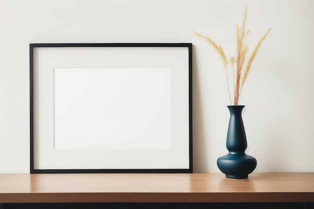 Maquette de cadre photo vierge sur le bureau Articles d'intérieur de style minimaliste scandinave Vases avec des fleurs