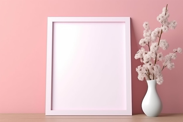 Maquette de cadre photo vierge, espace de copie de mur rose pastel, IA générative