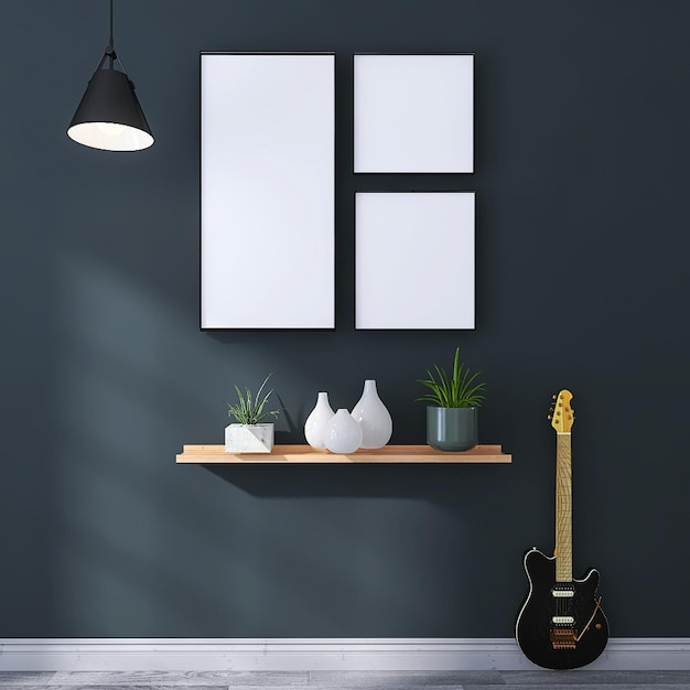 Maquette de cadre à trois baldaquins avec guitare électrique dans un intérieur de salon à thème sombre