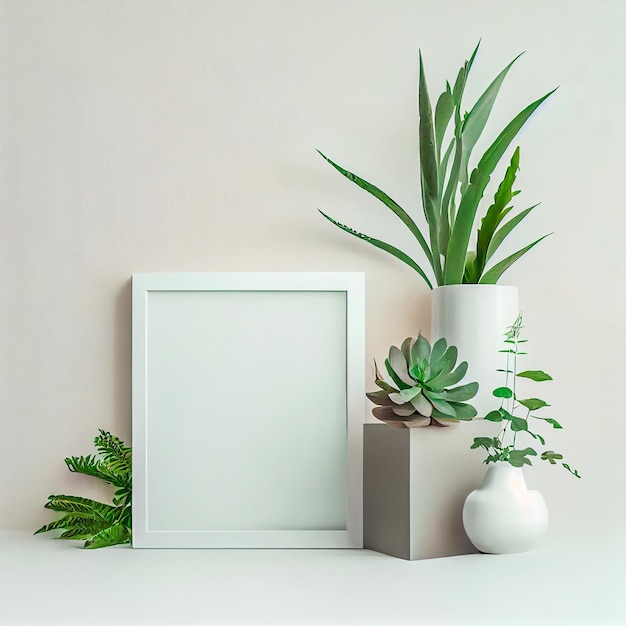 Maquette d'un cadre vide affiché à l'intérieur de la pièce avec un fond de mur blanc et un pot de plante à proximité