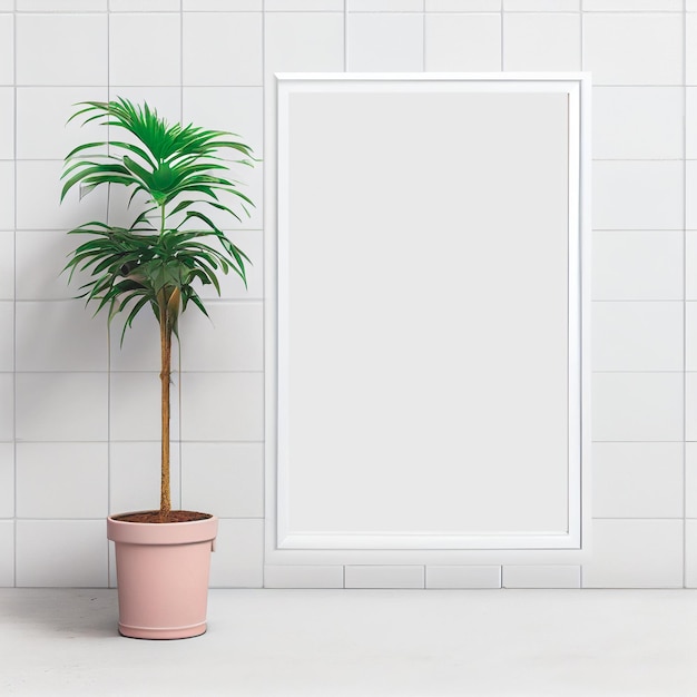 Maquette d'un cadre vide affiché à l'intérieur de la pièce avec un fond de mur blanc et un pot de plante à proximité