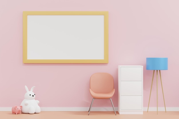 Maquette de cadre vide dans la chambre de bébé avec poupée et jouet pépinière chambre d'enfants rendu 3D