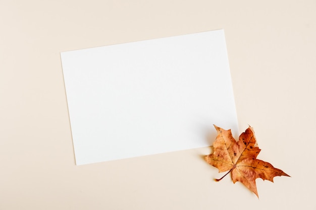 Maquette de carte d'invitation avec des feuilles d'érable d'automne sur fond pastel beige Modèle vierge de papier blanc maquette pour la marque et la publicité Vue de dessus espace de copie plat