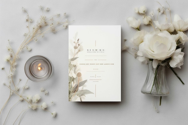 Maquette de carte d'invitation de mariage avec fleurs blanches et bougie