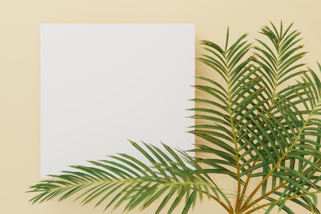 Maquette de carte papier de voeux ou d'invitation avec des décorations de feuilles de palmier Maquette de carte d'invitation carrée avec palmier sur table beige