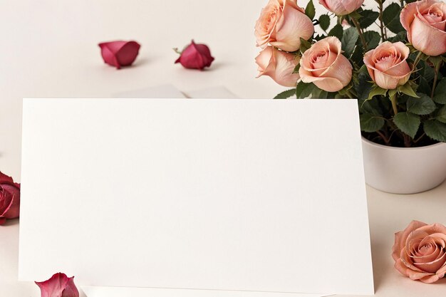 Photo maquette de carte postale blanche lettre et bouquet de roses sur fond clair