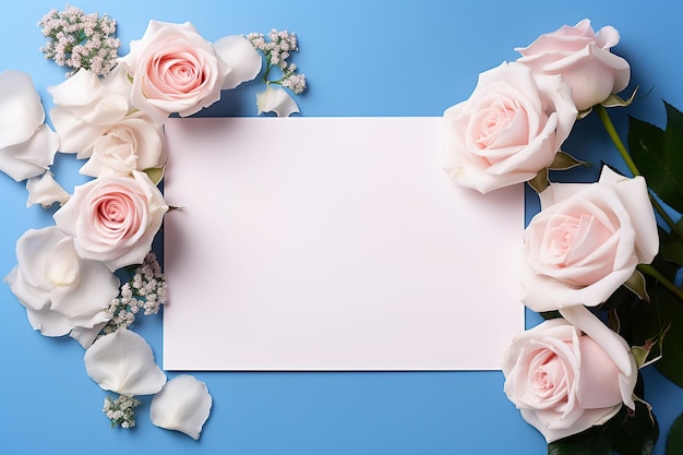 maquette de carte vierge blanche sur fond bleu avec des fleurs roses