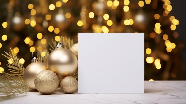 Photo maquette de carte de voeux blanche vierge 5x7 avec décoration de noël sur fond de noël