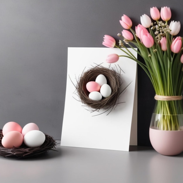 Maquette d'une carte de vœux à côté d'œufs de Pâques dans un panier en osier avec des fleurs de printemps