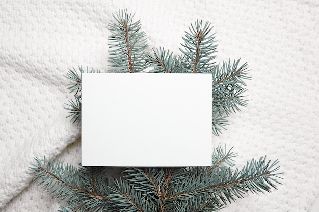 Maquette de carte de voeux de noël avec des branches de sapin vert sur la vue de dessus de fond de pull en tricot blanc