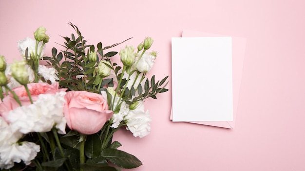 Photo maquette de carte de voeux de vacances vierge avec enveloppe et fleurs blanches sur fond rose clair vue de dessus mise à plat