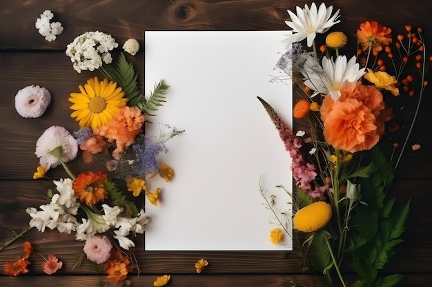 Maquette de carte de voeux vierge sur fond de bois avec des fleurs de jardin Composition à plat d'été Vue de dessus avec espace de copie généré par l'IA