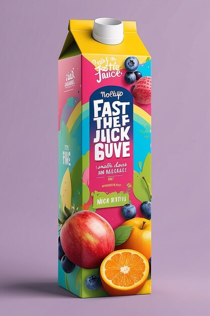 Une maquette de carton de jus de fruits coloré Goûtez à l'arc-en-ciel