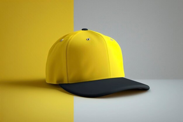 Maquette de casquette vierge jaune fond coloré photo publicitaire photo ultra réaliste