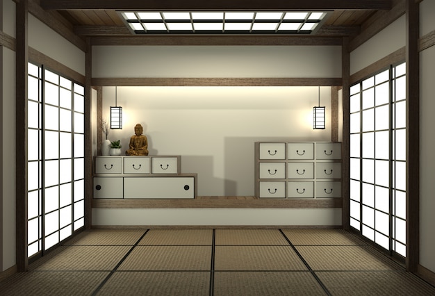 Maquette de chambre au Japon avec sol en tatami et décoration de style japonais a été conçue dans un style japonais.