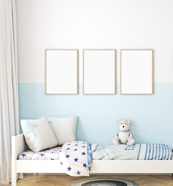 Photo maquette de chambre d'enfant avec trois cadres bohèmes en bois, bleu a4