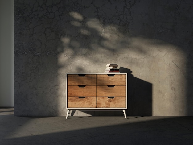 Maquette de commode en bois dans un salon vide, rendu 3d