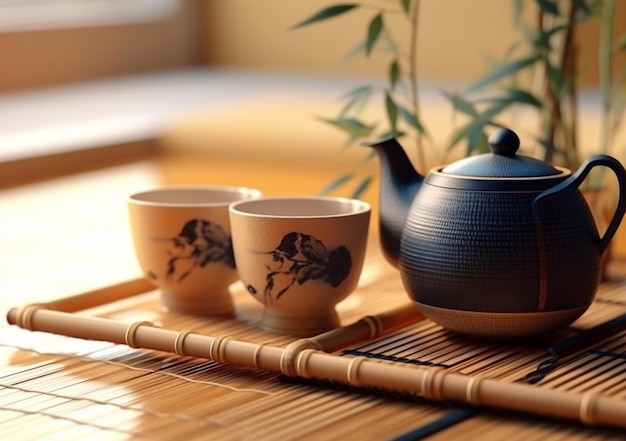 Maquette de concept de thé asiatique tasses de thé et théière entourées de thé sur fond clair