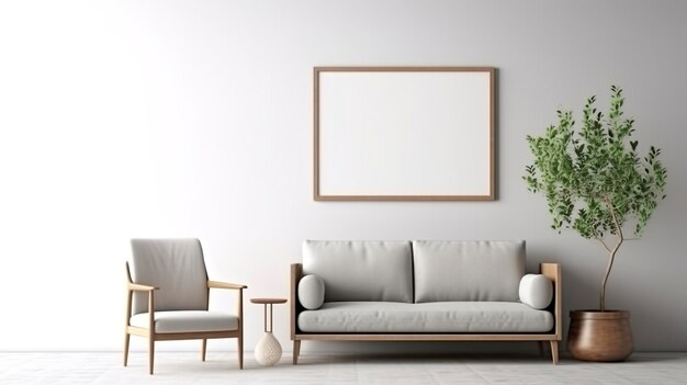 Maquette confortable moderne et meubles de décoration de salon et cadre de toile vide sur le fond de texture de mur blanc rendu 3D AI Generative