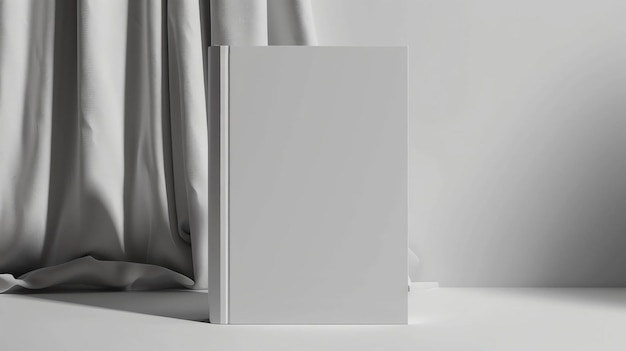 Une maquette de couverture de livre de conception minimaliste mettant en vedette un livre blanc ordinaire debout sur une surface blanche solide contre un fond de blanc doux et fluide