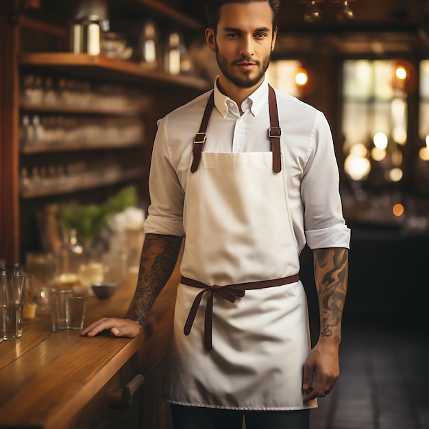 Photo maquette créative d'un tablier de chef blanc propre dans une collection d'uniformes rustic farmhou