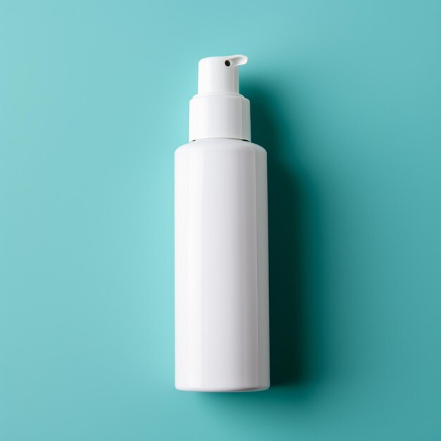 Photo maquette de crème en bouteille blanche de la marque de produits de beauté vue du haut sur le fond turquoise