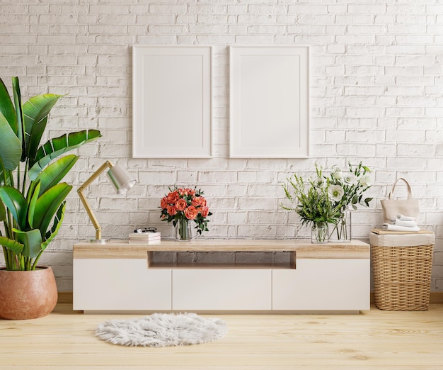 Maquette de deux cadres photo sur l'armoire en bois avec de belles plantes, rendu 3d