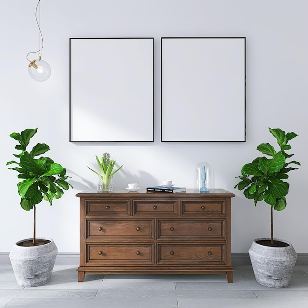 Maquette de deux cadres photo dans un design d'intérieur de salon moderne avec fond blanc