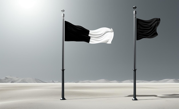 Photo maquette de deux drapeaux noir et blanc sur un poteau dans le style sombre