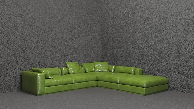 La maquette du design d'intérieur du salon minimal de canapé vert moderne avec une texture de mur gris