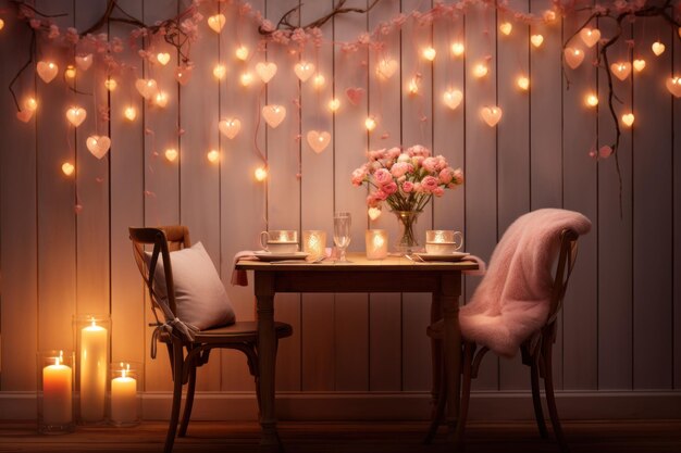 Photo une maquette du dîner de la saint-valentin avec des lumières romantiques de couleurs pastel