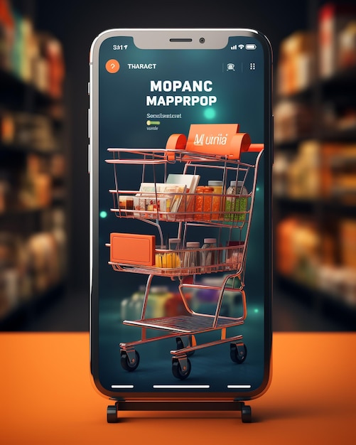 Maquette d'écran d'application martphone avec panier de supermarché et boîtes avec espace de copie