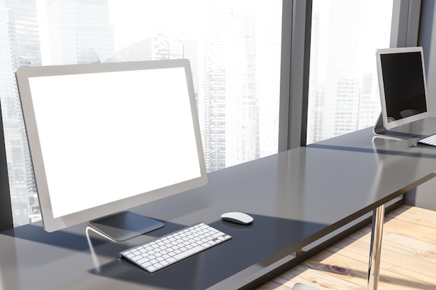 Une maquette d'écran d'ordinateur debout sur une table grise dans un bureau panoramique avec un sol en bois.